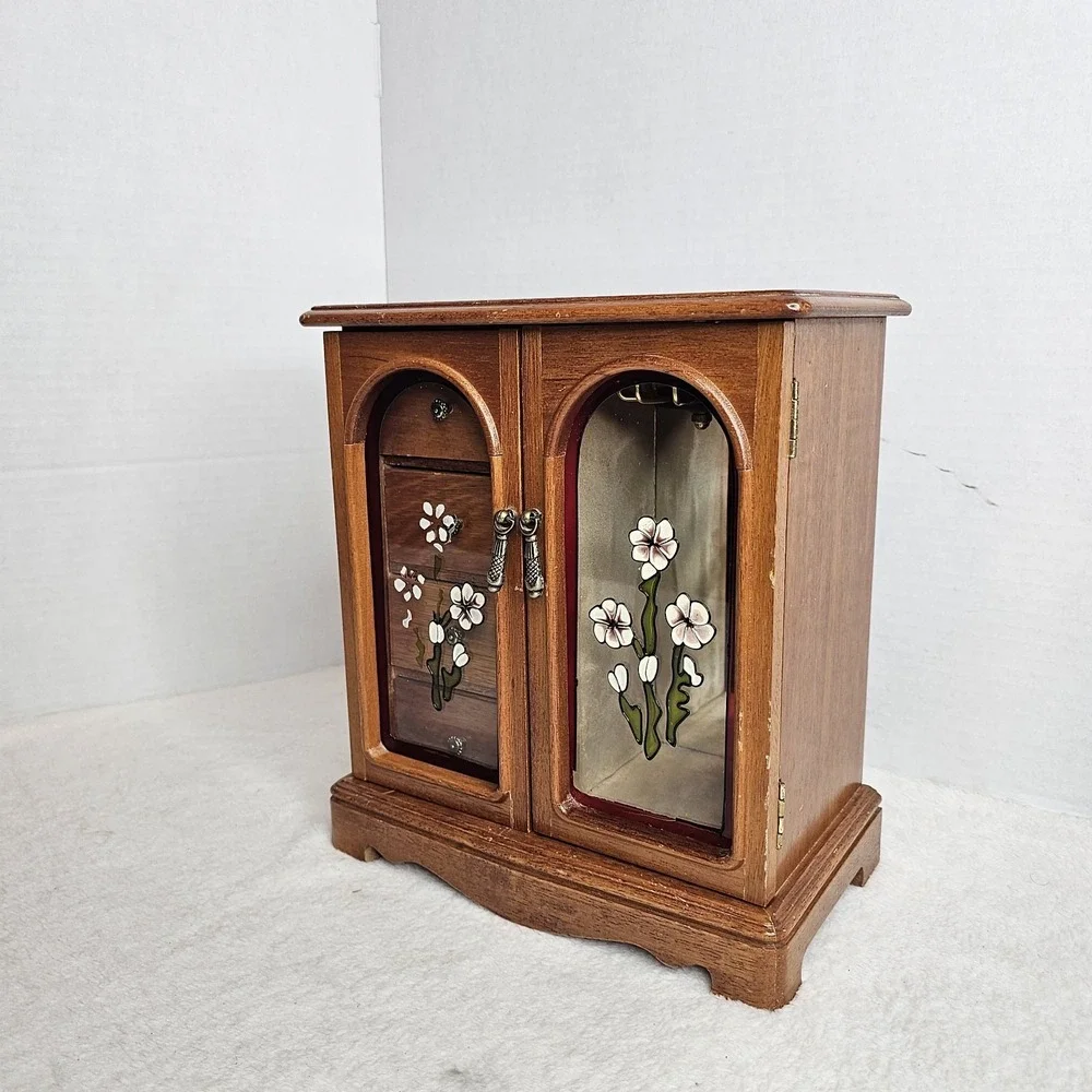 Vintage Wood Jewelry Box Armoire Etched Floral Glass 2-Door Tan Lining